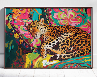 Sleeping Leopard Cheetah Maximalist Painting Printable Wall Art Bold Pink Dopamine Bedroom Poster Kitsch Wild Animal Eclectic Floral Print