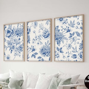 Blue Botanical Chinoiserie Wall Art 3 Piece Decor Minimalist Prints Modern Apartment Living Room Botanical Print Set Printable Digital Art