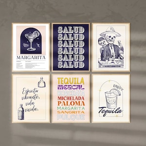 Mexico Bar Cart Impresiones Español Wall Art Vintage Cocktail Posters Impresiones Mexicanas / Bar Art Spanish Decor Bar Cart Descarga Digital Set de 6