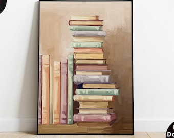 Book Lover Print, Stack of Books Painting, Bookworm Printable Art, Trendy Wall Art, Digital Print, Apartment Aesthetic Danish Pastel