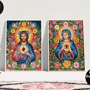 May include: Two digital art prints featuring religious figures with hearts. The first print shows Jesus with a crown of thorns and a red heart in his hand. The second print shows Mary with a blue robe and a red heart in her hands. Both prints have a colorful floral background.