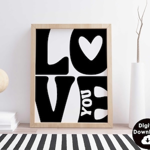 Love You Art Print Bold Retro Black Poster, Cool Apartment Art Boho Aesthetic Living Room Wall Decor, Positive Heart Above Bedroom Art Print