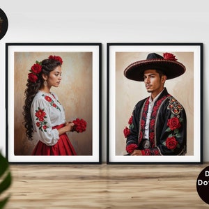 Mexican Art Set of Two Digital Prints, Romantic Mariachi Wall Decor, Southwestern Modern Wall Art, Rustic 2-Panel Mexico Decor for Bedroom