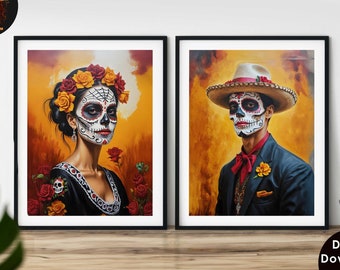 Dia de Los Muertos Print, Skeleton Couple Poster, Mexican Folk Art Painting Printable Wall Art Decor Calavera Day of the Dead Decor Eclectic