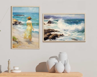 Blue Beach Print Set: Retro Coastal Art (Digital Download)