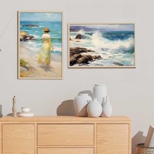 Blauer Strand Poster Set: Retro Ozean Druck für Küsten Badezimmer Kunst | Weiches Blau Gemälde von Vintage Sommer Kunst | Trendige druckbare Kunst