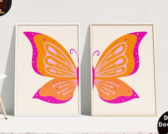 Pink Orange Split Butterfly Wall Art Set Preppy Y2K Room Decor For Teens, College Apartment Decor Aesthetic Eclectic Dorm Room Essentials