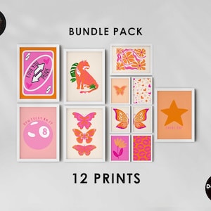 Pink Orange Wand Kunst Preppy Raum Dekor Trendy Retro Kunstdrucke, Maximalist Galerie Poster Set 12 Ästhetische Poster Teenager Mädchen Raumdekor