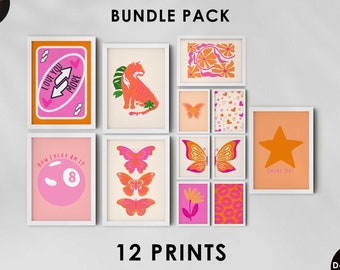 Pink Orange Wall Art Preppy Room Decor Trendy Retro Art Prints, Maximalist Gallery Posters Set Of 12 Aesthetic Posters Teen Girl Room Decor