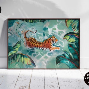 Tiger Art Print Jungle Illustration Animal Wall Art Safari Animals Poster Tropical Decor Jungle Painting Tiger Swimming Horizontal Download