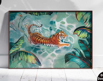 Impresión artística de tigre, ilustración de la jungla, arte de pared de animales, póster de animales de safari, decoración tropical, pintura de jungla, tigre nadando, descarga horizontal