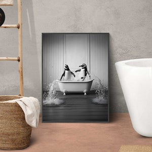 Adorable Penguins in Tub Printable Wall Art Penguin Photo | Penguin Art Bathroom Art Print Digital Download