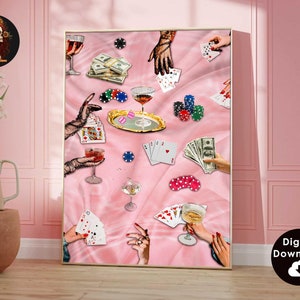 Cartas de Baralho Rosa Impressão de Parede Cartas de Pôquer Rosa e Bebidas Retro Digital Download Impressão Grande Arte Imprimível Carrinho de Bar Impressões para Download