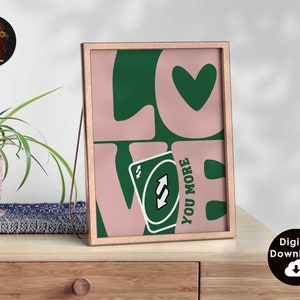 Stampa Love You More, stampabile arte murale retrò rosa verde, arte murale con carte da gioco, decorazione murale femminile per San Valentino, decorazione murale preppy alla moda