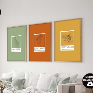 Sage grün Gebrannte Orange Botanische Kunst Eclectic Print Set von 3 Gelbe Minimalistische Wohnheim Wand Kunst Color Block Decor Prints Digital Download