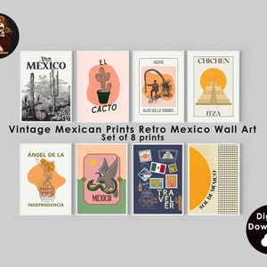 Vintage mexikanische Drucke Retro Mexiko Wandkunst | Trendy Mexiko Kunstdrucke Mexikanische Dekor | Mexiko Reise Poster Digitaler Download 8er Set