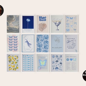 Blue Preppy Aesthetic Wall Art Preppy Dorm Decor Gallery Set Of 15 Funky Retro Art Print, Blue Wall Art Print Preppy Teen Room Decor