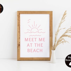 Meet Me At The Beach Print | Trendy Coastal Art Pink Typography Poster | Beach House Decor Ocean Wall Art | Girly Print Digital Download