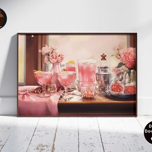 Retro Watercolor Champagne Cocktail Poster-Aesthetic Girly Bar Cart Art-Preppy Pink Posters-Wine Bottle Cute Girly Poster Champagne Wall Art
