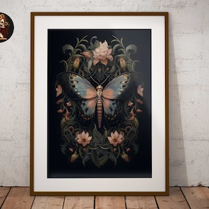 Motten die botanische illustraties schilderen | Magische kunstprint Boho esthetische | Gotische kwekerij Cottagecore natuurprint motten Giclee