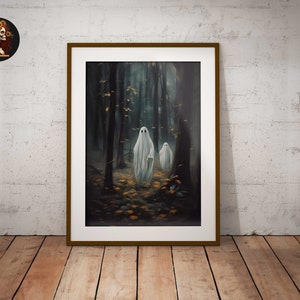 Impresión de fantasmas de Halloween para imprimir, arte de pared de bosque embrujado espeluznante, imprimibles vintage en tonos neutros apagados, impresiones de arte de fantasmas con descarga digital
