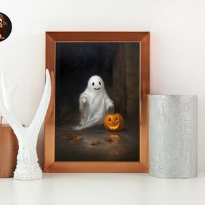 Cute Ghost with Pumpkin Print, Dark Halloween Art, Moody Digital Printable Decor, Dark Academia Decor