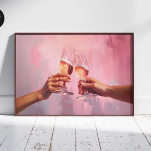 Retro Watercolor Champagne Cocktail Poster-Aesthetic Girly Bar Cart Art-Preppy Pink Posters-Wine Bottle Cute Girly Poster Champagne Wall Art