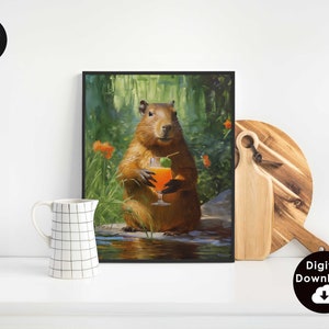 Zabawna sztuka picia Capybara | Fajne plakaty: Dekoracja pokoju dla nastolatków | Podstawowe wyposażenie pokoju w akademiku | Prezent dla najlepszego przyjaciela | Sztuka ścienna do salonu