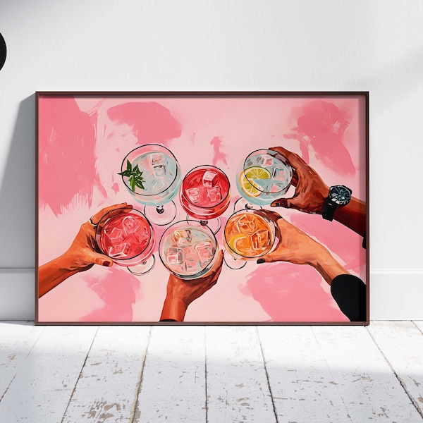 Pink Cheers Art: Retro Bar Cart Decor | Cocktail Print and Girly Aesthetic Wall Art | Large Horizontal Cheers Sign for Drink Lovers
