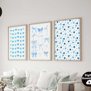blue preppy aesthetic wall art preppy dorm decor gallery wall art set of 3 funky retro art print, blue wall art print preppy teen room decor