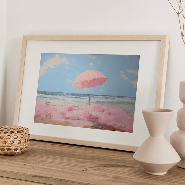 Retro Beach Umbrella Art. Muted Pink Watercolor Print. Downloadable Dorm Decor. Soft Aesthetic Wall Art.