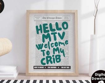 Hi MTV Welcome to My Crib Print - Retro Newspaper Print Typography Poster, Trendy 70's Wall Art, Aesthetic Dorm Sage Green Digital Download