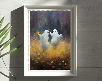 Dancing Ghosts in Flower Woods Print, Dark Academia Gothic Art (Digital Download)
