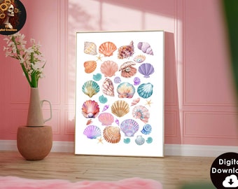 Seashell Print, Coastal Cowgirl Printable Poster, Blue Vintage Coastal Granddaughter Aesthetic, Beach House Decor, College Girls Dorm Room