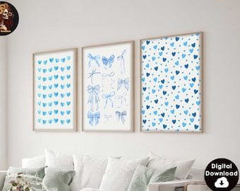 blue preppy aesthetic wall art preppy dorm decor gallery wall art set of 3 funky retro art print, blue wall art print preppy teen room decor