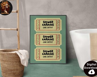 Shower Karaoke Ticket Print Bathroom Retro Sage Green Aesthetic Shower Singing Funny Wall Art Vintage Trendy Decor Digital Download