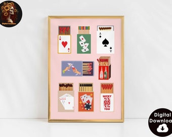 Poker Night Retro Wall Art Print Trendy Funky Decor, Groovy Poster Bar Cart Art Apartment Decor, Girly Wall Art Dorm Decor for College Girls