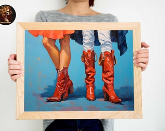 Retro Cowgirl Boot Art | Preppy Dorm Decor | Girly Western Print | Trendy Oil Painting | Southern Girl Wall Poster | Aesthetic Blue Decor