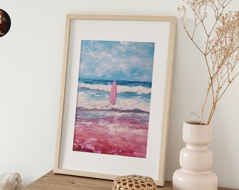 Vintage Surf Poster Coastal Boho Decor | Pink Blue Surf Print Y2K Room Decor | Hello Summer Wall Art Maximalist & Bathroom Dopamine Decor