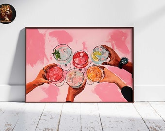 Pink Cheers Art: Retro Bar Cart Decor | Cocktail Print and Girly Aesthetic Wall Art | Large Horizontal Cheers Sign for Drink Lovers