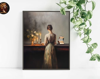 Victorian Lady Reading Art Print, Moody Dark Academia Decor (Digital Download)