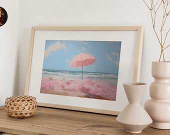 Retro Beach Umbrella Watercolor Print, Pink Coastal Art (Digital Download)