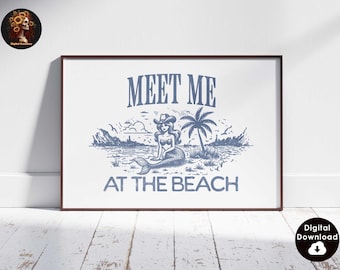 Meet Me At The Beach print trendy kustkunst blauwe typografie poster strandhuis decor oceaan muur kunst girly print digitale download 1 print