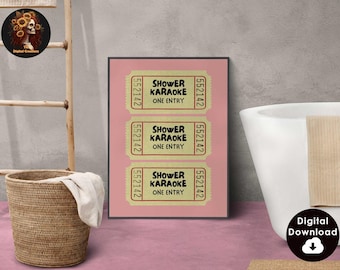 Shower Karaoke Ticket Print Pink Bathroom Retro Cream Aesthetic Shower Singing Funny Wall Art Vintage Trendy Home Decor Digital Download