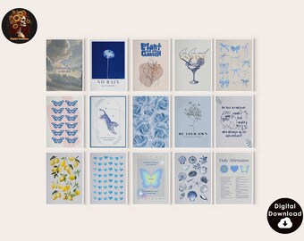 Blue Preppy Aesthetic Wall Art Preppy Dorm Decor Gallery Set Of 15 Funky Retro Art Print, Blue Wall Art Print Preppy Teen Room Decor