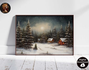 May include: A digital painting of a snowy winter scene with two small red cabins in a forest. The cabins have lit windows and snow-covered roofs. The forest is filled with tall evergreen trees and the sky is dark blue with falling snow.