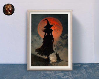 ヴィンテージ魔女ハロウィンアートプリント、不気味な壁飾り（デジタルダウンロード）