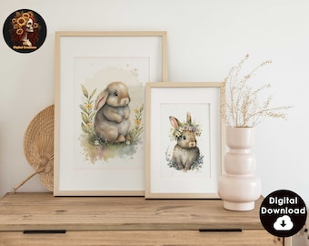 Lámina artística vintage de conejitos, decoración de primavera y Pascua (descarga digital)