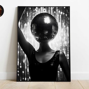 Schwarz Weiß Poster - Discokugel Retro - Retro 70er Jahre Party - Luxuriöser Frauen Druck - Wohnheim Dekor - Vintage Spiegelkugel - Digitales Kunstwerk