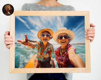 Coastal Grandma Surfing Art Print, Florida Beach Digital Download